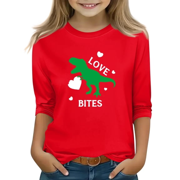 LNZGNM 3/4 Length Sleeve Girls Shirts 9-10Y Valentines Day Funny Love Heart Printed Pullover Casual Crew Neck Blouses Spring Solid Basic Clothes for Gifts, Green, 9-10Y