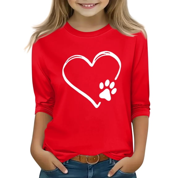 LNZGNM 3/4 Sleeve Boy Shirt 6-7Y Valentine's Day Funny Love Heart Print Pullover Fashion Crewneck Blouses Spring Solid Basic Clothes for Holiday, Hot Pink, 6-7Y