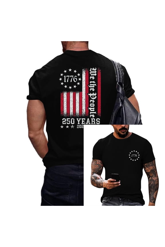 American Flag Shirts Men USA 250th Anniversary Short Sleeve T-Shirts Fashion Star Stripes Graphic Crewneck Shirt Summer Tees Tops,Black 2XL