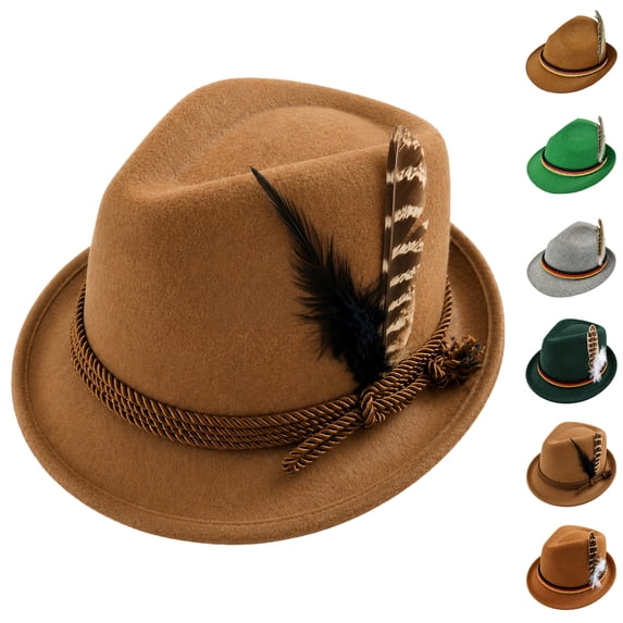 LNZGNM Bavarian Oktoberfest Hat for Men Wool Felt Fedora with Feather Adult Traditional German Tyrolean Beer Festival Headwear,Brown(Brown)