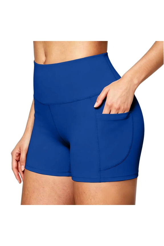 Biker Shorts Women with Pockets High Waisted Workout Spandex Tummy Control Gym Running Yoga Shorts,Blue M