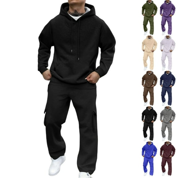 LNZGNM Black Track Suits Mens Workout Mens Sweatsuit Fall Pullover Hoodie and Sweatpants Set Casual Sweatpants Set with Pockets, Black L