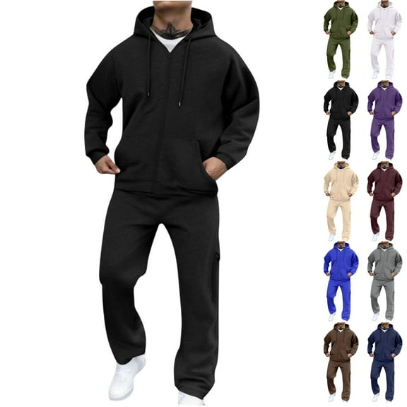 LNZGNM Black Track Suits Mens Workout Mens Sweatsuits 2 Piece Set Fall Zip Up Hoodie and Sweatpants Set Casual Sweatpants Set with Pockets, Black L