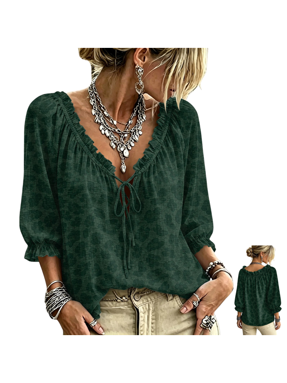 Blouses for Women Leopard Print Tie Neck Curved Hem Stretch Roomy Fit Tunics Clothes for Weekend Wear, (S)