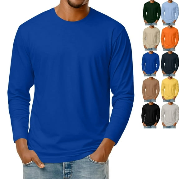 LNZGNM Blue Long Sleeve T Shirts for Men Casual Big and Tall Crew Neck Shirts Basic Cotton Blend Tshirt Lightweight Loose Fit Pullover Shirts, Blue XL