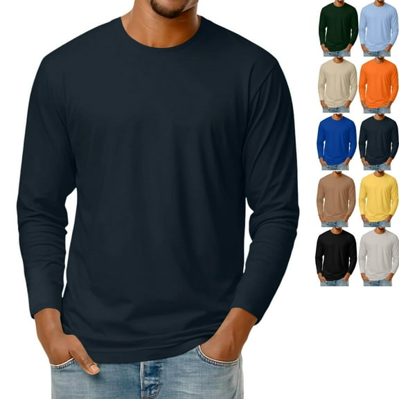 LNZGNM Blue Long Sleeve T Shirts for Men Casual Big and Tall Crew Neck Shirts Solid Plain Cotton Blend Tshirt Lightweight Loose Fit Pullover Shirts, Navy L