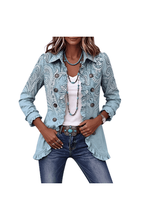 Bohemian Print Jacket for Women with Ethnic Design Paisley Embroidery with Ruffles Photo Shoot Fashion Cool Weather Shacket, (M)