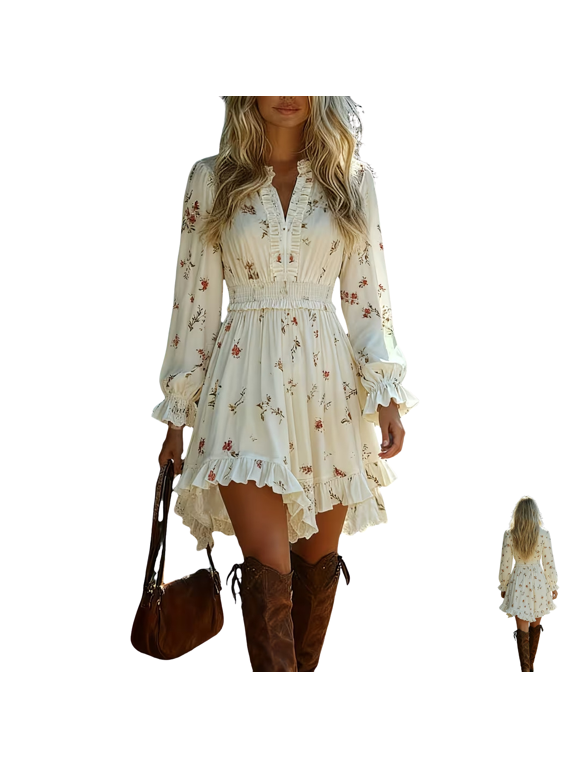 Boho Mini Dresses for Women V Neck Balloon Sleeve Smocked Waist Comfortable Flowy Fit Outfits Clothes for Going Out, (S)