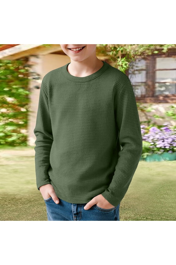 Boys Tshirt Loose Waffle Crew Neck Baselayer Shirt Long Sleeve Undershirts Casual Solid Color Clothes,Army Green(160)