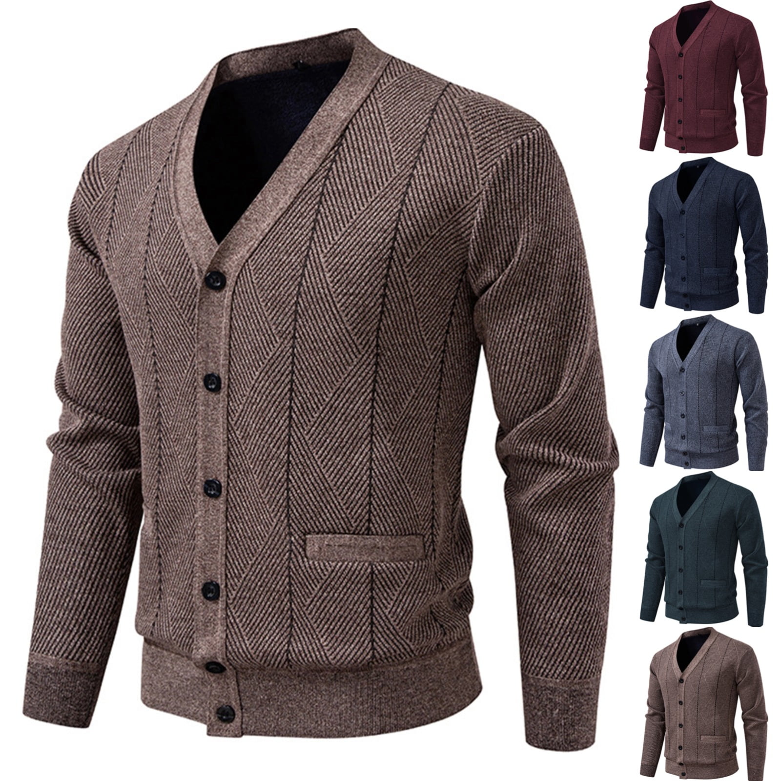 LNZGNM Brown Cardigan Sweaters for Men Long Sleeve V Neck Herringbone ...