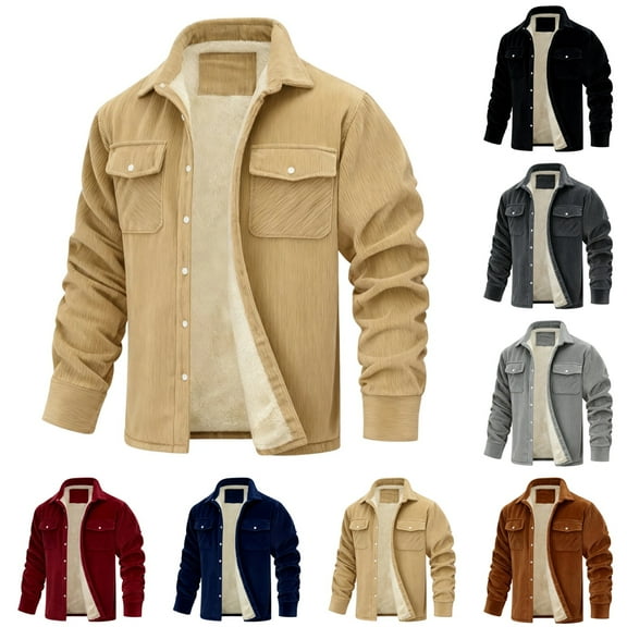 LNZGNM Brown Corduroy Jacket for Men L-5XL Sherpa Lined Flannel Jackets Coat Thick Thermal Lapel Collar Shirt Jackets Single-Breasted Winter Jacket with Pockets, Khaki L