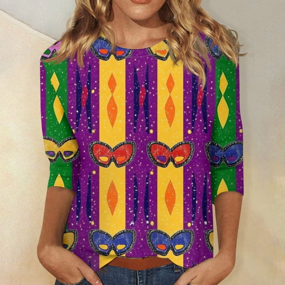 LNZGNM Carnival Womens Shirt Cozy Animal with Mask Graphic T Shirts Cute 3/4 Sleeves Pullovers Crewneck Spring Outfit for Party, Green, 2XL