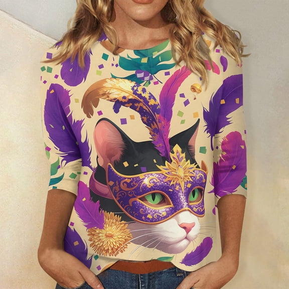 LNZGNM Carnival Womens Shirts Cozy Loose Fit Tshirt Fashion 3/4 Sleeve Pullovers Crewneck Spring Outfits for Holiday, Purple, S
