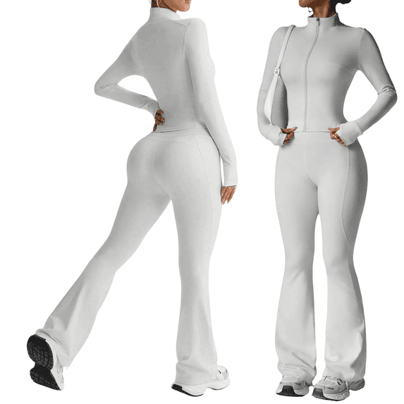LNZGNM Casual Two Piece Outfits for Women All Season Daily Wear Fitted Zip Front Tops and Bootcut Flare Pants with Pockets Outfit Sets, (L)
