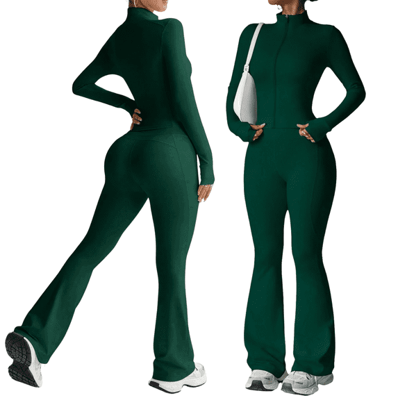 LNZGNM Casual Two Piece Outfits for Women Year Round Going Out Stand Collar Zip Tops and Bell Bottom Pants with Pockets Jogger Sets, (S)