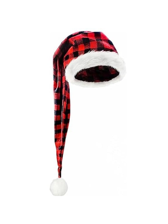 Christmas Unisex Plush Santa Hat with Plaid Design, Seasonal Party Hat for Men and Women, Comfortable Fit Hat,Red(One Size)