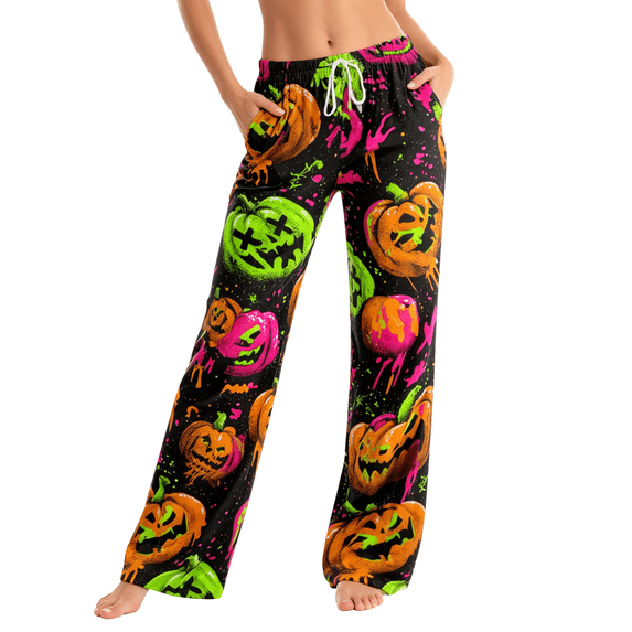 LNZGNM Classic Halloween Pumpkin Pajama Pants Halloween Pumpkin Print Holiday Movie Night Straight Leg Drawstring Waist Trick or Treat Loungewear, (XL)