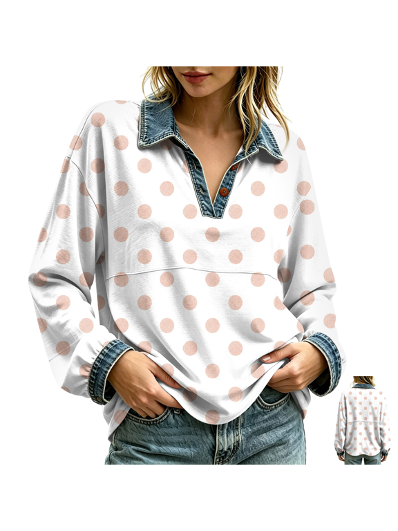 Collared Neck Tunics for Women Long Sleeve Polka Dot Side Slit Stretch Oversized Fit Vintage Clothes for Weekend Travel, (XXL)