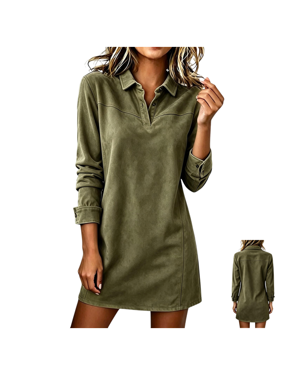 Collared Shift Dresses for Women Long Sleeve Button Cuffs Soft Relaxed Fit Clothes for Everyday Wear, (XXL)