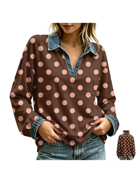 Collared Tunics for Women V Neck Dot Print Button Placket Roomy Fit Elegant Clothes for Weekend Outings, (XXL)