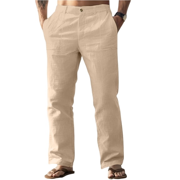 LNZGNM Cotton Linen Pants Men Elastic Waist Straight-Legs Pant with Pockets Lightweight Loose Fit Solid Color Pants Casual Yoga Beach Trousers,Khaki 2XL