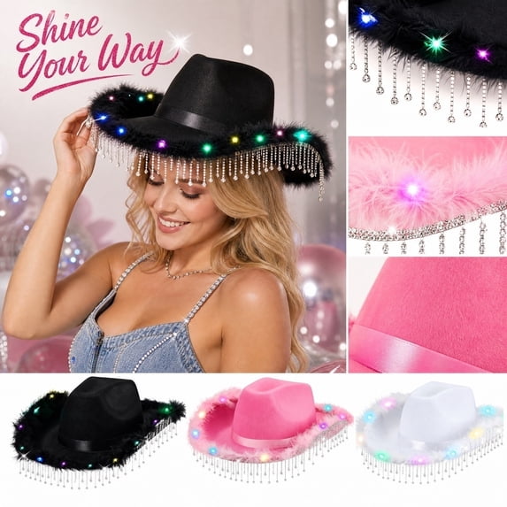 LNZGNM Cowboy Hat for Men Women, Western Silhouette with Wide Brim, with Light Up Feature, Sturdy and Rugged for Ranch Wear, Outdoor Events, and Western Parties,White(One Size)