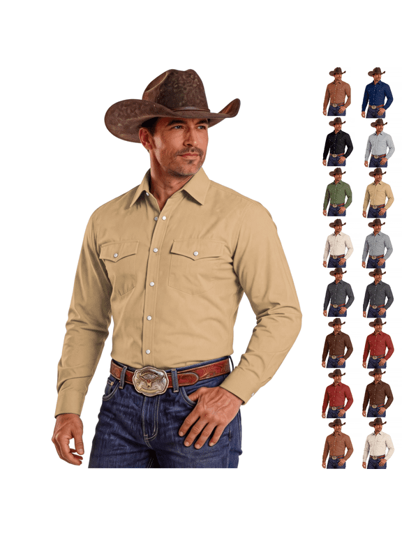 Cowboy Shirts for Men Spread Collar Long Sleeve Solid Western Cut Comfortable Relaxed Fit Clothes for Professional Looks, (S)
