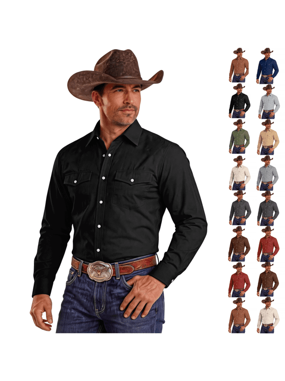 Cowboy Western Shirts for Men Solid Two Chest Pockets Pearl Snap Easy Wear Regular Fit Clothes for Lounging Around, (S)