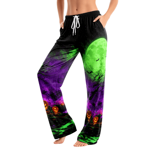 LNZGNM Cozy Autumn Womens Halloween Pumpkin Pants Pumpkin Face Print Sleep Time Loose Fit Elastic Waist Spooky Season Pajama Pants, (L)
