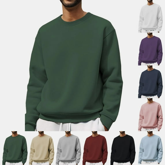 LNZGNM Crew Neck Sweatshirt for Men Lightweight Thermal Men Sweatshirts Solid Plain Long Sleeve Fleece Pullover Casual Mens Sweater Winter Clothes, Dark Green M
