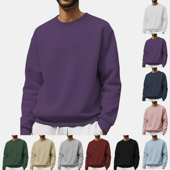 LNZGNM Crew Neck Sweatshirt for Men Long Sleeve Solid Plain Men's Sweatshirts Lightweight Thermal Fleece Pullover Casual Mens Sweater Fall Clothes, Purple XL