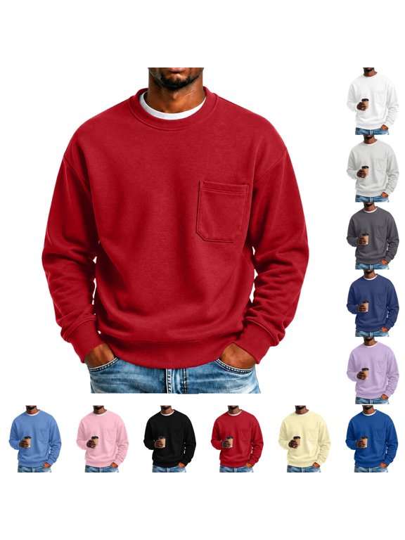 Crew Neck Sweatshirt for Men Long Sleeve Pullover Chest Patch Pocket Relaxed Fit Casual Weekend Outfit,Black (XXXL)