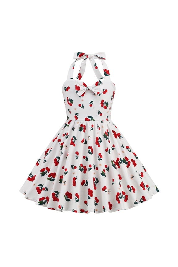 Cute Cherries Pattern Bowknot Halter Dress for Girls Sleeveless Heart Neck Retro Dress 2-9 Years, White