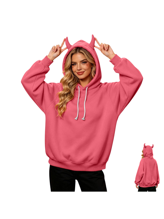 Daily Sweatshirts for Women Long Sleeve Hooded Devil Horn Hood Ribbed Hem Clothes for Halloween Events, (L)