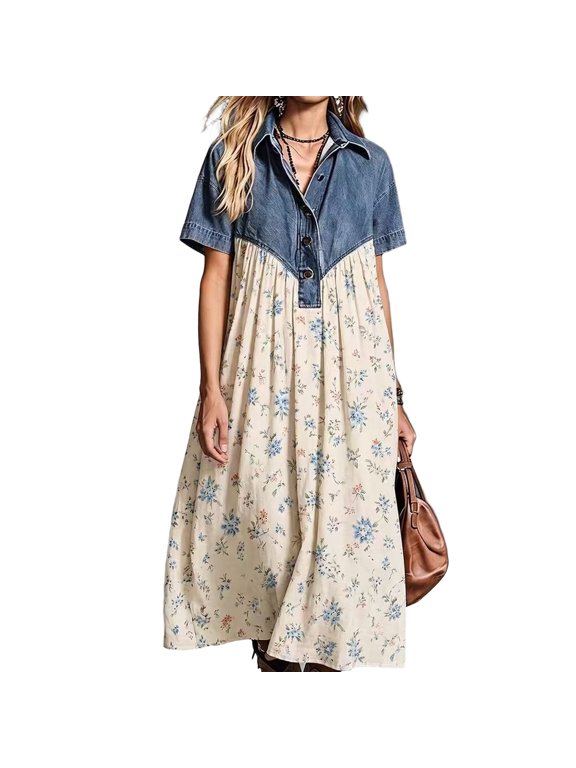 Denim Maix Dress for Women Collar Neck Short Sleeve Dress with Shirt Collar Vintage Cold Season Weekend Outings Gown, (XXL)