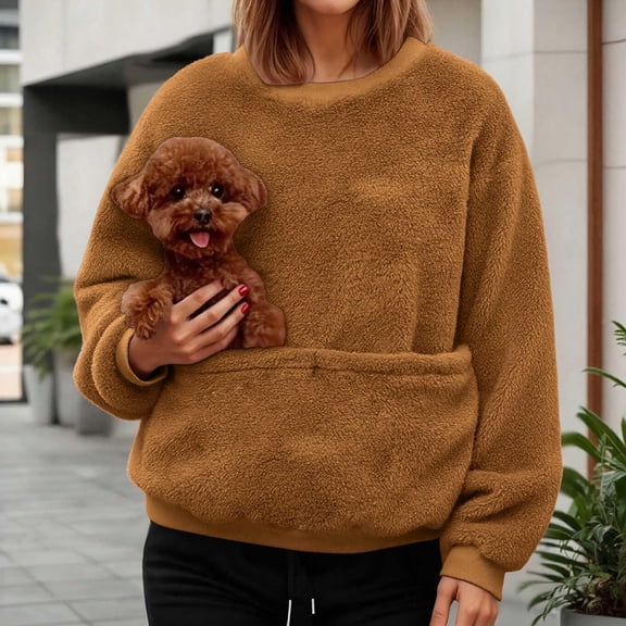 LNZGNM Dog Pouch Sweatshirt Comfy Warm Pullover Casual Dog Carrier Shirt Ergonomic Pocket Design Long Sleeve Fall/Winter Tops Unisex, Brown, M