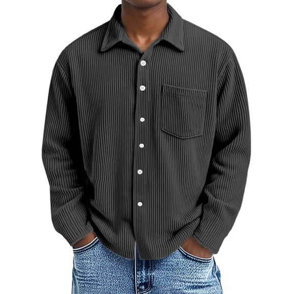 LNZGNM Dress Shirts for Men Corduroy Button Up Lapel Shirt with Pocket Solid Long Sleeve Blouses Regular Fit Stylish Fall Top,Black M