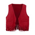 thumbnail image 1 of LNZGNM Faux Suede Hem Fringe Vest Boho Sleeveless Waistcoat Comfy Solid Color Cardigan for Vacation, Red, 1 of 2