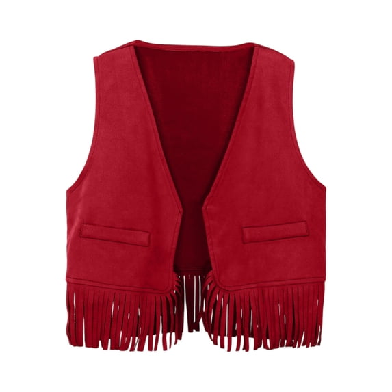 LNZGNM Faux Suede Hem Fringe Vest Boho Sleeveless Waistcoat Comfy Solid Color Cardigan for Vacation, Red