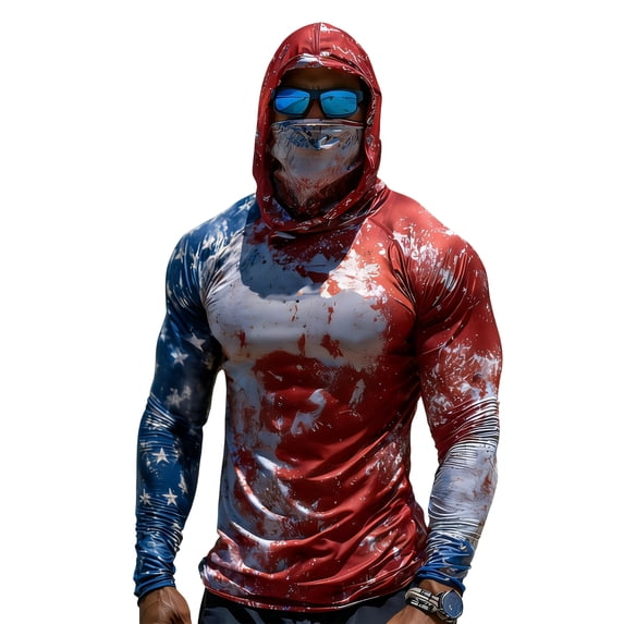 LNZGNM Fishing Shirt for Mens Casual American Flag Pattern Sun Protection Top Long Sleeve Cooling Raglan Hoodie with Face Mask Hiking, Red (L)