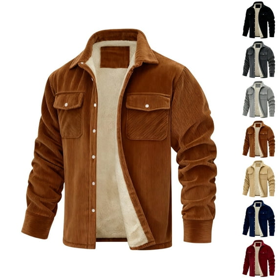 LNZGNM Fleece Jacket Men Big and Tall Sherpa Lined Flannel Jackets Thick Warm Lapel Collar Shirt Jackets Single-Breasted Winter Outwear with Pockets, Brown L