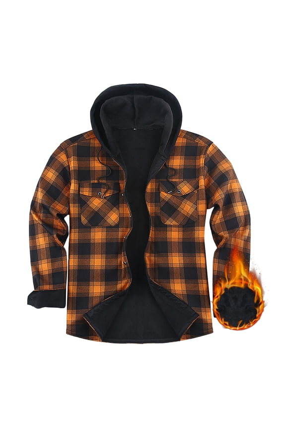 Fleece Jacket Men Sherpa Lined Plaid Jackets Thick Warm Plaid Shirt Jackets Button Up Winter Outwear with Pocket, Orange S