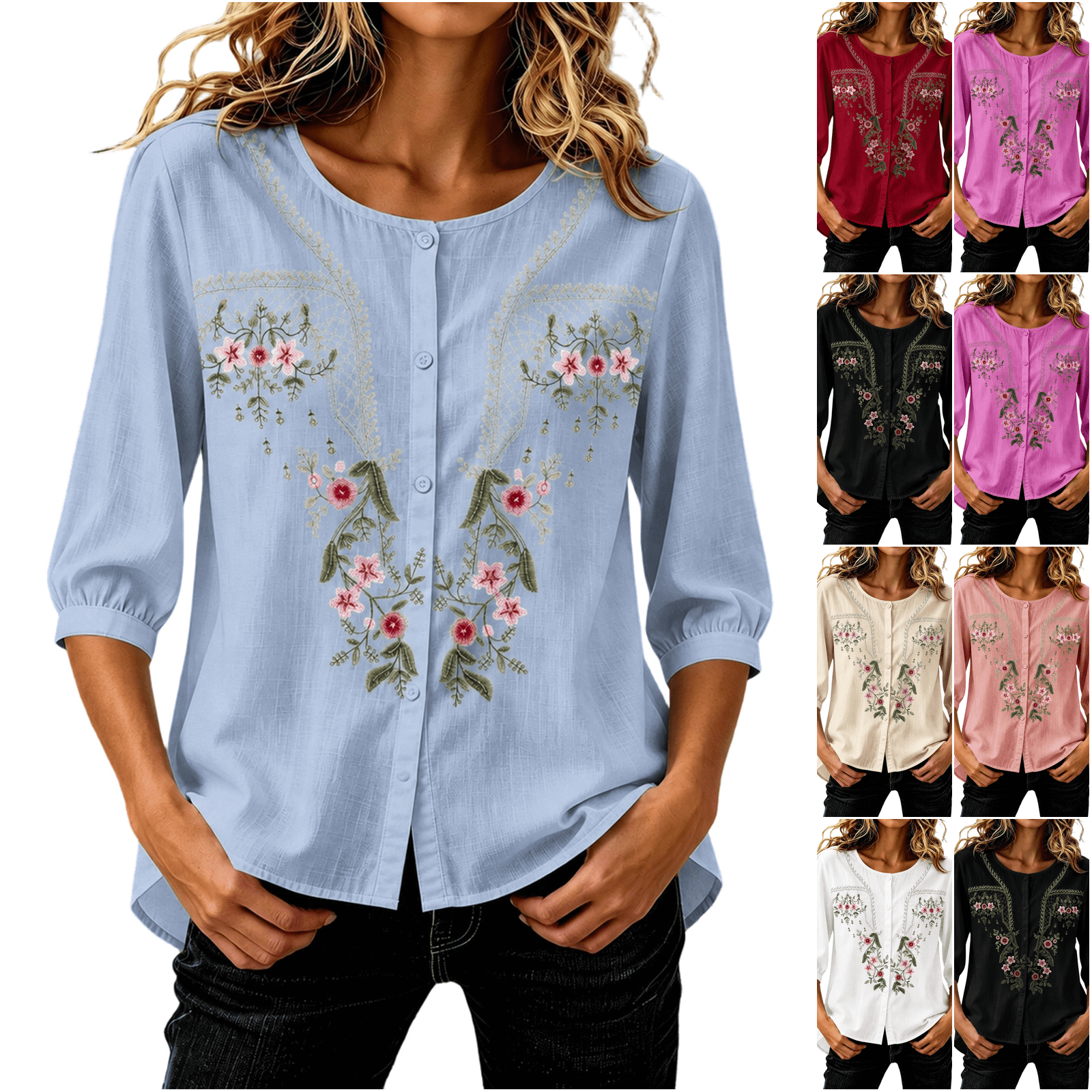 LNZGNM Floral Embroidered Tops for Women 3/4 Slevee Round Neck Button ...