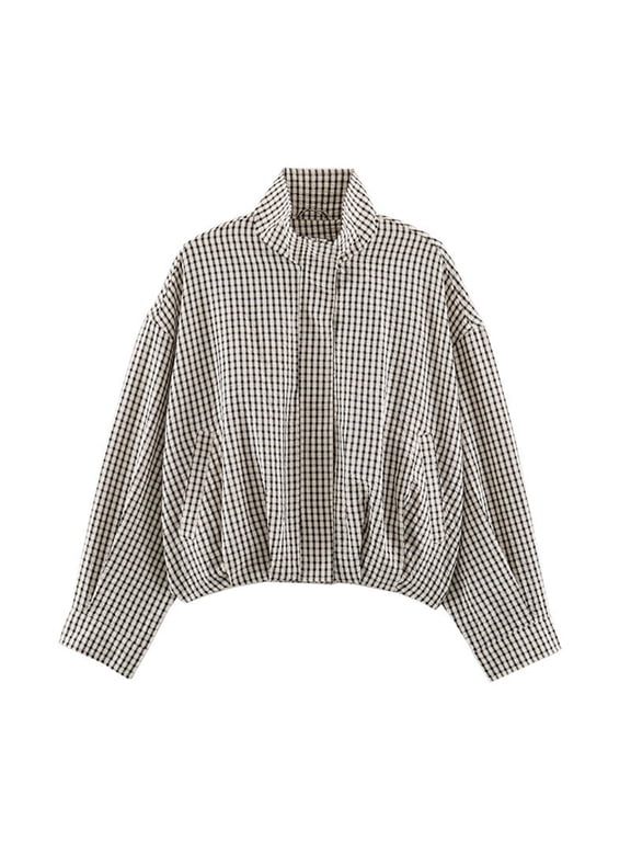 Gingham Jacket for Women Long Sleeve Stand Collar Zipper Plaid Shacket Casual Preppy Outwear for Fall College, (S)