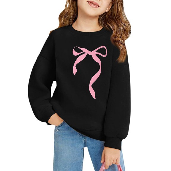 LNZGNM Girl's Sweatshirts 6-7Y Bow Print Cozy Fleece Pullovers Casual Crew Neck Long Sleeve Tunic Cotton Blend Fall Drop Shoulder Clothes for School and Play, Black, 6-7Y