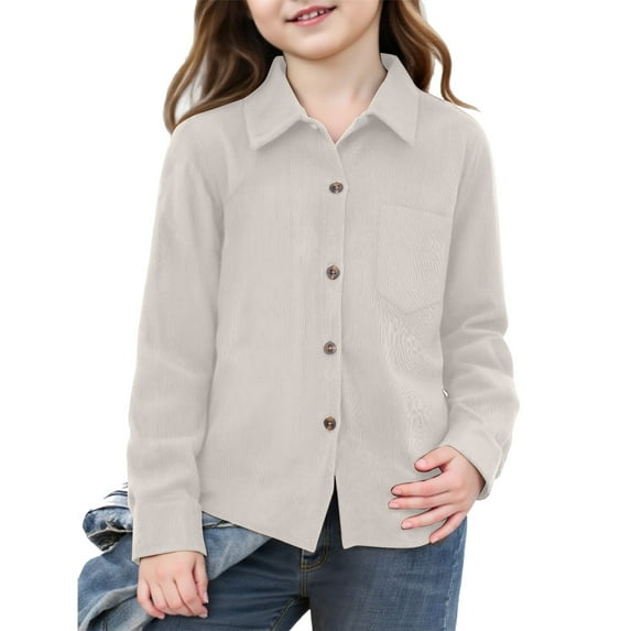 bbyeadc Girls Clothes Solid Button Down with Pocket Collared Neck Dress Shirts Comfy Cap Sleeve Fitted Casual Clothes,Beige(150)