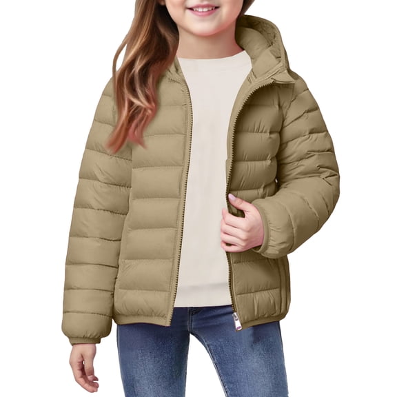 LNZGNM Girls Coats Winter 11-12Y Puffer Cozy Light Weight Jacket Athletic Warm Puffy Outerwear Hooded Zip Up Long Sleeve Clothes for School, Khaki, 11-12Y