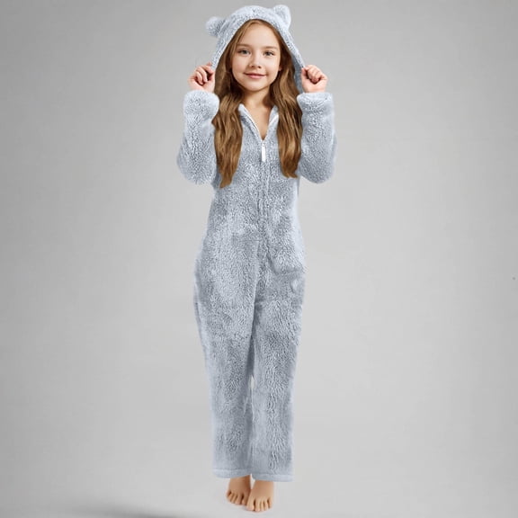 LNZGNM Girls Pajamas 7-8Y One-Piece Plush Cozy Hooded Romper Onesie with Bear Ears Zip Front Sleepwear Flannel Long Sleeve Winter Costumes, Gray
