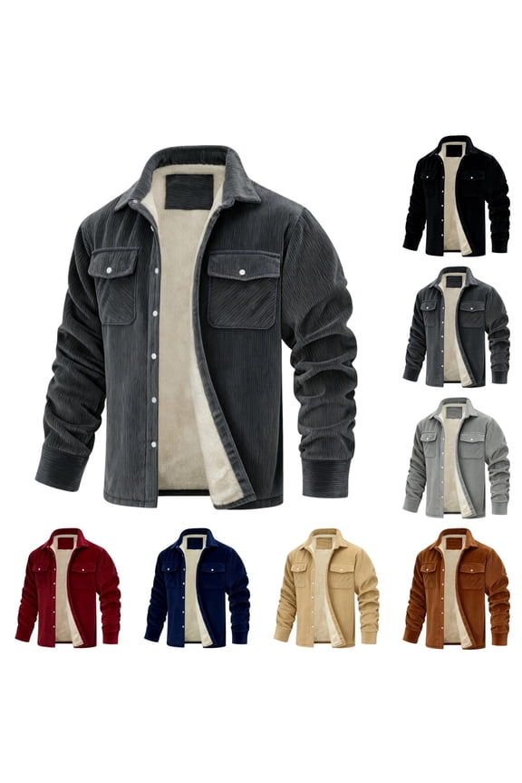 Gray Corduroy Jacket for Men L-5XL Sherpa Lined Warm Flannel Shirt Jackets Single-Breasted Thick Lapel Collar Jackets Coat Winter Outwear with Pockets, Dark Gray 5XL