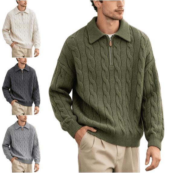 LNZGNM Half Zip Sweater Men Turn Down Collar Long Sleeve Cable Knit ...